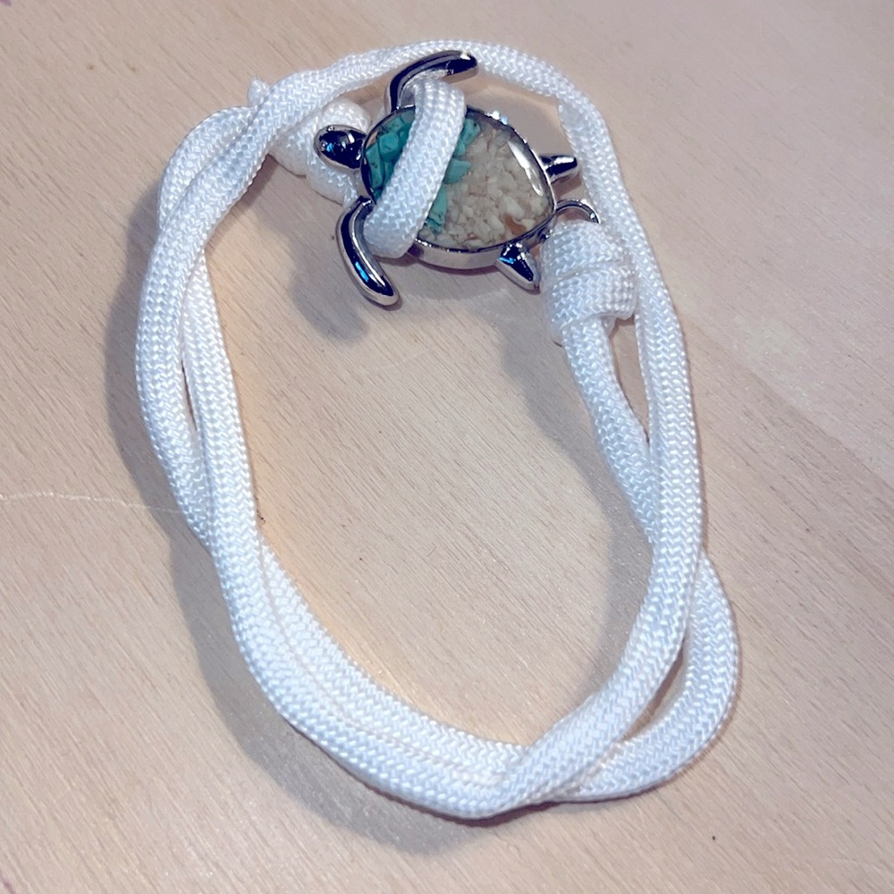🔴CLEARANCE NWT SILVER SEA TURTLE BLUE SAND - WHITE STRETCH ROPE BRACELET/ANKLET